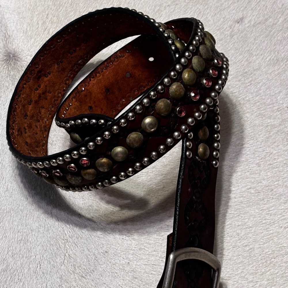Leather Rock Studded Belt Brown with Pink Rhinestones Medium